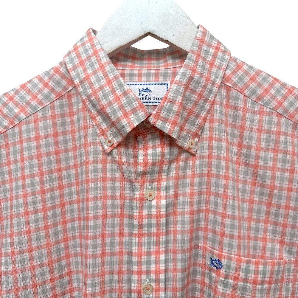 SOUTHERN TIDE Check Button Down Shirt Mens Medium Coral Gray Cotton